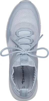 A top-down view of a blue and white sneaker.