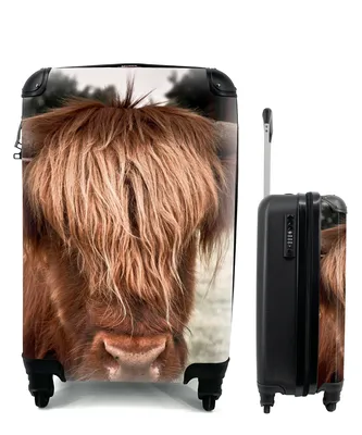 Produktbild von MuchoWow® Koffer Handgepäck Trolley Rollkoffer Kleine Reisekoffer mit 4 Rollen - Schottischer Highlander - Baum - Gras - Cabin Size < 55x40x23 cm & 55x40x20 cm - Fotokoffer - Kabinenkoffer - Boardgepäck - Reise-Box - Reisekoffer - Reisegepäck - Koffer mit Bild - Trolley für Kinder