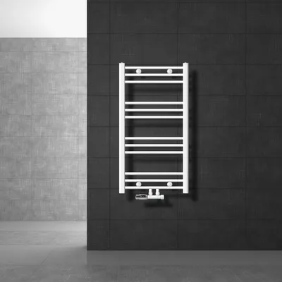 Zdjęcie produktu dla LuxeBath grzejnik łazienkowy przyłącze środkowe 500 x 800 mm biały prosty z termostatem i zestawem przyłączeniowym ściana narożna biały - ogrzewanie grzejnikowe, bez elementu grzejnego