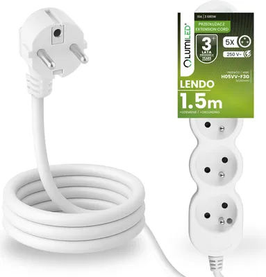 Produktbild von LUMILED Steckdosenleiste5-Fach Steckdose Typ E, 1,5m Kabel H05VV-F3G, Weiß, Mehrfachsteckdose E Stecker 16A 3680W 250V IP20 Halterung zum Aufhängen