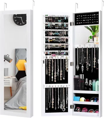 Imagen del producto de Espejo para colgar en la pared o la puerta, con dos espejos, armario espejo con estante, organizador de joyas con ganchos para collares y cierre de anillo, caja para joyas, organizador de joyas de madera, color blanco