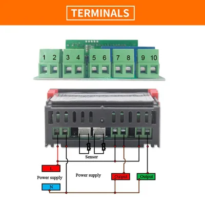 Image de Thermostat numérique à double affichage, avec deux sondes NTC pour la détection de la température, deux relais de sortie et une alimentation de 12 V