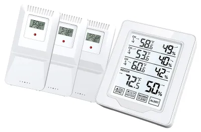 Zdjęcie produktu dla Termometr wewnętrzny i zewnętrzny oraz miernik wilgotności powietrza, zasięg 500 stóp/150 m z 3 czujnikami zdalnego sterowania, higrometr z białym podświetleniem