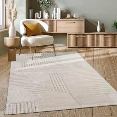 Produktbild von Teppich Kurzflor Struktur Wohnzimmer  Creme Rechteckig 200x290 | 100% Polyester, Rücken aus Baumwolle | Florhöhe: 10 mm | Handwäsche