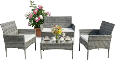 Image de Ensemble de mobilier de jardin Relaxdays, ensemble de salon en rotin 4 pièces, 4 personnes, banc, fauteuils et table en verre, mobilier de détente, d'extérieur, gris