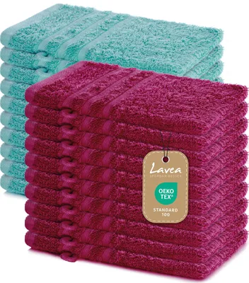 Produktbild von Lavea® 20er Waschhandschuh Set Elena, 100% Baumwolle Frottee, Waschlappen saugstark & weich, für Körper und Gesicht, 60 °C, trocknergeeignet, Bordeaux & Türkis, 15 x 21 cm