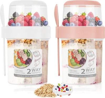 Produktbild von 2 Stück Müslibecher to Go, 560ml+310ml Joghurtbecher to Go mit Löffel, Doppelschichter Joghurt to Go Becher, Auslaufsicherer Salatbecher, Müslidose für Unterwegs, Arbeit, Schule (Pink&Weiß)