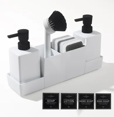 Image de Ensemble de cuisine avec distributeurs de liquide vaisselle et de savon, comprenant un porte-éponge et une brosse, un distributeur de liquide vaisselle blanc, un range-ustensiles de cuisine avec distributeur de savon (blanc, 4-en-1)