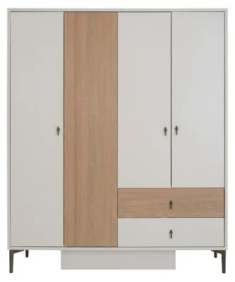Image de Armoire 4 portes, couleur beige et blanche, avec tiroirs, idéale pour une chambre d'adolescent ou une chambre à coucher