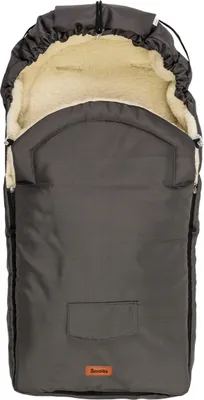 A close-up, front-facing view of a gray baby stroller footmuff with a cream-colored fuzzy interior.