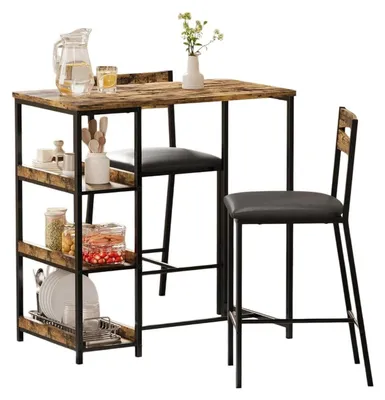 Image de Ensemble de salle à manger 3 pièces - Ensemble de table de cuisine - Avec compartiments de rangement - 2 chaises rembourrées - Piètement en métal, plateau en bois - Pour les petits espaces et les appartements - Marron