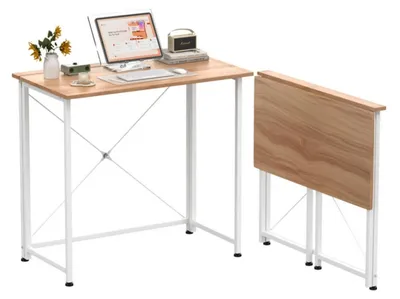 Produktbild von Mobiler Schreibtisch - Klappbarer Computertisch - 80×45 cm - Metallgestell - Holzplatte - Für kleine Räume - Holzfarbe