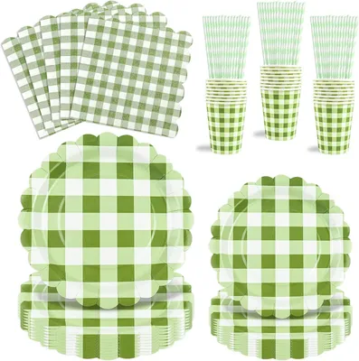 Image de Ensemble de vaisselle de fête de 80 pièces en vert sauge avec motif à carreaux, comprenant des assiettes, des gobelets et des pailles, idéal pour les goûters, les anniversaires, les mariages, les fêtes de naissance et les célébrations