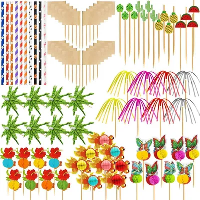 Produktbild von 168 Stück Cocktail Deko Set: Schirmchen, Feuerwerk Sticks, Rührer, Strohhalme für Party & Bar