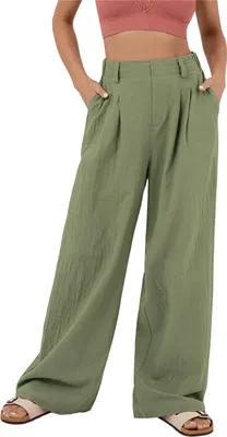 Produktbild von ASKSA Damen Weite Bein Hose Hohe Taille Laessig Sommerhose Einfarbig Freizeithose mit Taschen, Armeegruen, Groesse: S