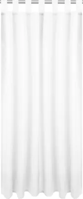 A white curtain hanging from a rod.