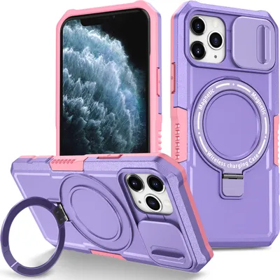 Produktbild von Handyhülle für iPhone 11 Pro Max Kompatibel mit MagSafe, Robuste Hülle mit Schiebe Kamera Schutz, Magnetischer Ringständer Lila