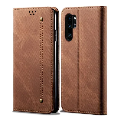 Produktbild von Huawei P30 Pro Hülle, LaimTop Denim Leder Brieftasche Magnetverschluss Flip Bookstyle Schutzhülle mit Standfunktion für Huawei P30 Pro Braun