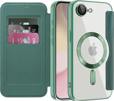 Immagine prodotto di Custodia per iPhone 16e compatibile con MagSafe, custodia trasparente con portacarte, custodia in pelle con protezione per fotocamera verde