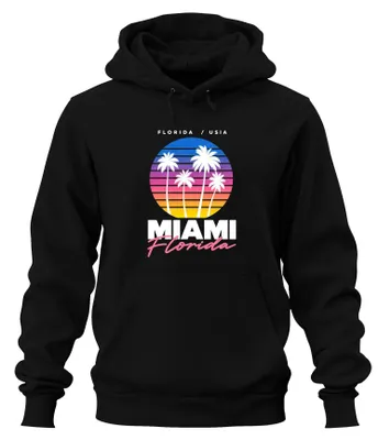 Produktbild von Miami Florida Palmen Sonnenuntergang Retro 80s Synthwave Hoodie Kapuzenpullover, Schwarz, L