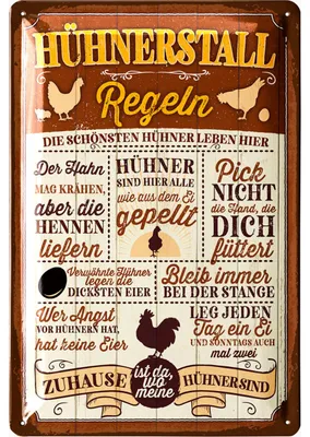 Produktbild von LANOLU Retro Blechschild Hühnerstall-Regeln, Hühner Schild, Geschenk für Hühnerliebhaber, Hühner Geschenke, Hühnerstall 20x30cm