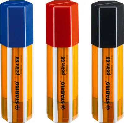 Three STABILO Fineliner pens in blue, red, and black caps, arranged side-by-side against a white background.