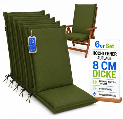 Produktbild von Pillows24 - 6x Hochlehner Auflagen 120x50x8 cm | Bequeme & Wetterfeste Gartenstuhlauflagen | Polster Sitzkissen für  Gartenmöbel |   EU | Grün