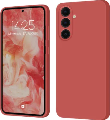 A product image showing a phone case in red, displayed from two angles: one showing the front of the phone with its screen, and the other showing the back of the phone case with its camera cutout.