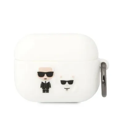 A white AirPods Pro case with Karl Lagerfeld and Choupette figures on the front.