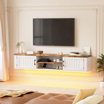 Obrázok produktu pre Skrinka pod TV s osvetlením a zásuvkami, 160*30 cm, otvorená priehradka, závesná TV komoda TV doska so skrytým úložným priestorom a 2 dvierkami
