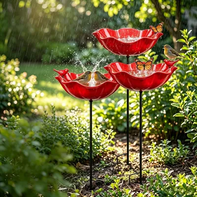 Immagine prodotto di Abbeveratoi per uccelli, in metallo, resistenti alle intemperie, per giardino e api, confezione da 3 pezzi, colore rosso