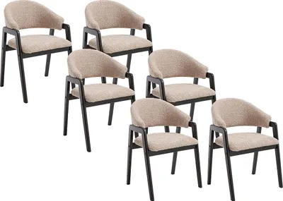 Produktbild von Stuhl mit Armlehnen 6er-Set - Bouclé-Stoff & Kautschukholz - Taupe & Schwarz - SOLUNA