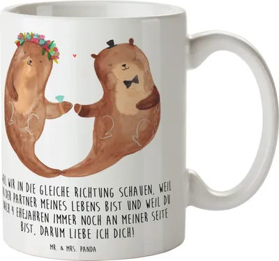 Produktbild von Mr. & Mrs. Panda Becher 4. Hochzeitstag Seidenhochzeit - Weiß - Geschenk, Ehe, Liebe, Kaffeebecher, Geschenke, Keramiktasse, romantisch, Heirat, haferl, Tasse, Beziehung