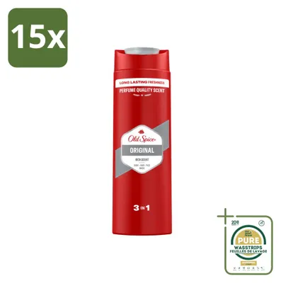 Imagen del producto de 15 unidades de gel de ducha 3 en 1 Old Spice Original, 400 ml cada uno. Paquete de suministro