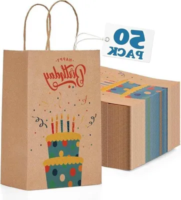 Productafbeelding van Famanu Cadeautasjes, bruin, met verjaardagstaartopdruk - 50 stuks papieren cadeautasjes - 15 x 8 x 21 cm