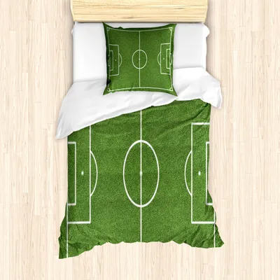 Produktbild von ABAKUHAUS Teen Zimmer Mantele, Fußball-Stadion-Feld, Milbensicher Allergiker geeignet mit Kissenbezügen, 135 cm x 200 cm - 80 x 80 cm, Farn-Grün Weiß