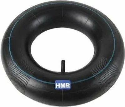 A black rubber inner tube with blue stripes and a valve stem.