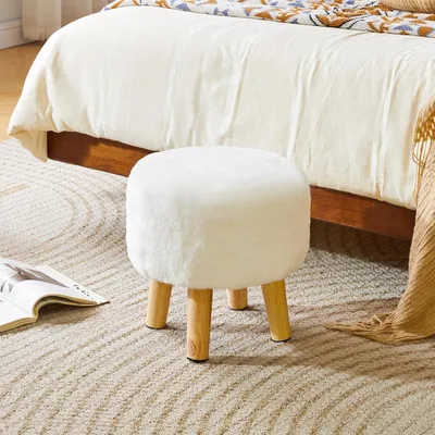 Produktbild von Runder Fußhocker aus Massivholz mit Holzbeinen, Ottomane und Pouf als Fußstütze für Sofa und Wohnzimmer oder Schlafzimmer, 32×32×32CM, Weiß