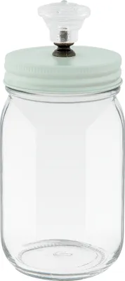 A clear studio shot of a glass storage jar with a light green lid and a decorative glass knob on top.