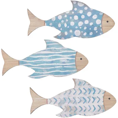 3 Holzfische Wanddeko – Nautische Küstenfisch Skulptur