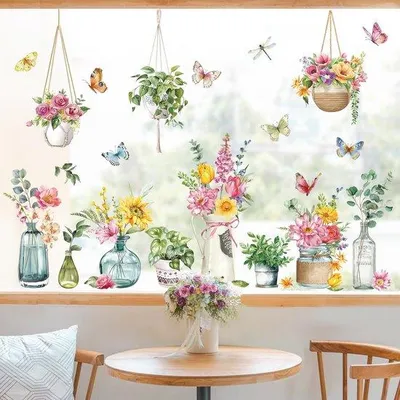 Image de Autocollants décoratifs pour fenêtres : fleurs, printemps, plantes en pot