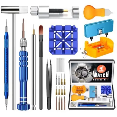 Produktbild von Uhrmacherwerkzeug Set, Batteriewechsel & Armbandkürzen, Uhrenöffner, Gehäusebodenöffner, Federstegwerkzeug für Uhrenreparatur
