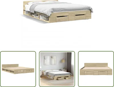 Produktbild von The Living Store Bettgestell mit Schubladen Sonoma-Eiche 135x190cm Holzwerkstoff