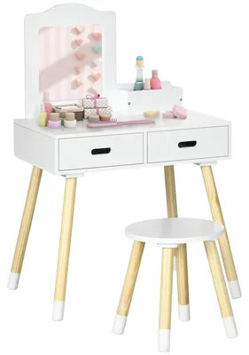 Image de ZONEKIZ Coiffeuse enfant table de maquillage avec tabouret miroir et 2 tiroirs 3 š€ 6 ans 60 x 40 x 95 cm blanc et bois