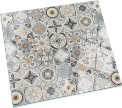 Produktbild von Mosaikmuster in Fliesen – Glasbodenplatte für – Kaminofen – Kaminplatte Glas – Schutzglas – Funkenschutzplatte –Glasbodenplatte Feuerfeste – Hitzeschutzplatte – Bodenschutz aus Glas – 50x50 cm