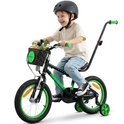 Produktbild von Kinderfahrrad 14 Zoll für Jungen 3 4 5 Jahre 7,49 kg Schiebestange Stützräder Korb Klingel V-Bremse Aufkleber LOVEL schwarz grün