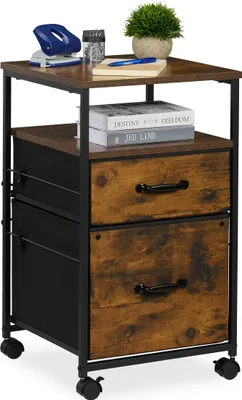 Produktbild von Relaxdays Rollcontainer, 2 Schubladen, Hängeregister, Industrial-Design, HBT: 68x40x40 cm, Aktenschrank, braun/schwarz
