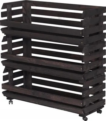 Produktbild von STOLMAK Schwarz Obstkiste aus Holz mit Rollen – 3 Etagen – 77x79x30 cm – Aufbewahrung für Obst & Gemüse – Stapelbar – Holzkiste Regal mit Körben