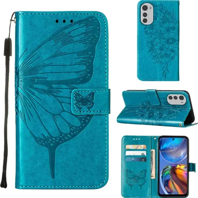 Obrázek produktu pro Moto E32 Pouzdro, Motýlí Reliéf Flip Kožené Pouzdro s Kapsami na Karty a Stojánkem pro Motorola Moto E32 modré
