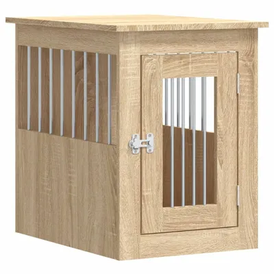 A dog crate made of wood-look composite material with silver bars.